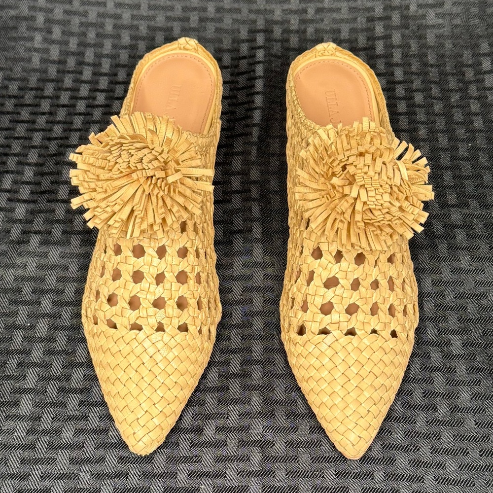 Ulla Johnson Paloma Natural Mules with Lattice Design and Pom-Pom Size 37
